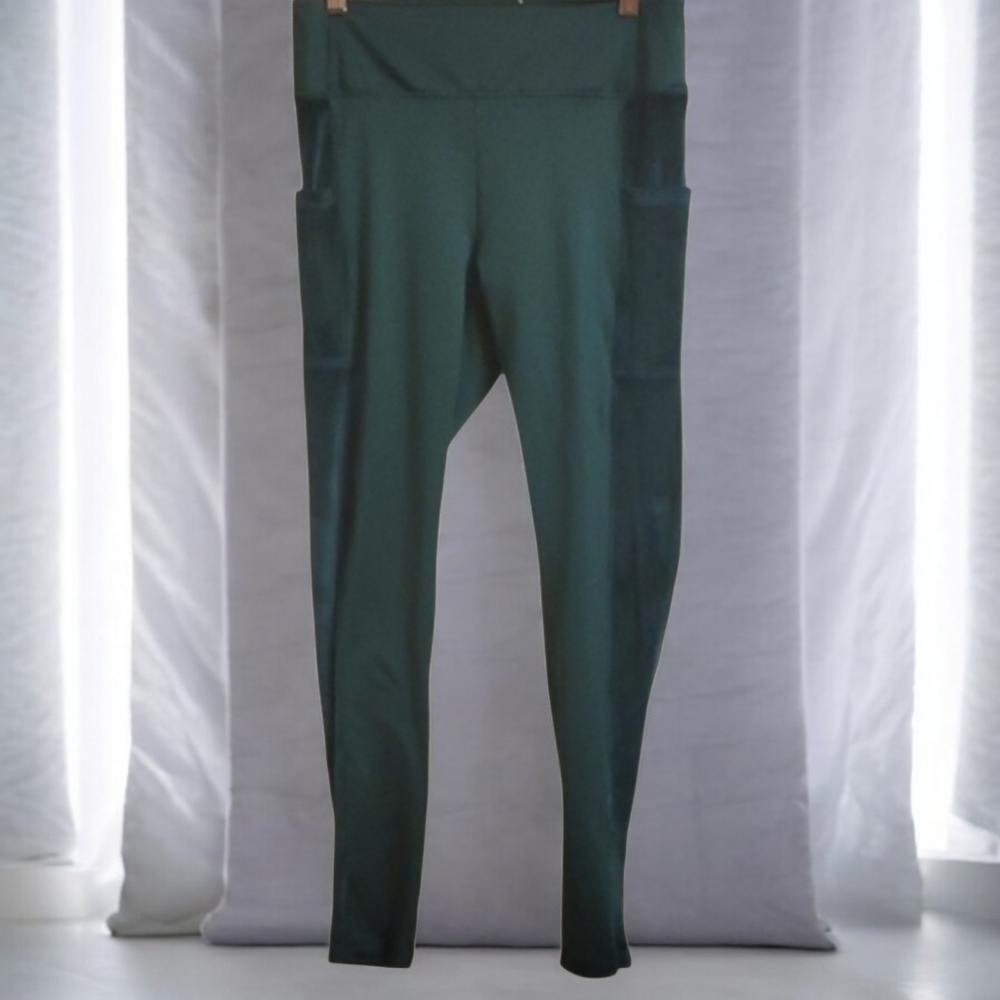 Pink Leggings Women's Size Large L Emerald Green Legging Velour Type Side Panels - Picture 1 of 13